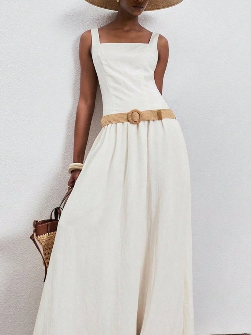 Beige Elegant Women's Square Neck Sleeveless Maxi Dress - Picture 3 of 6